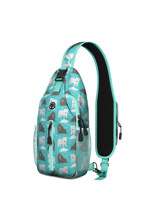 Artistic Bear Pattern Sling Backpack, Lightweight Crossbody Daypack with Cute Polar and Brown Bear Cartoon Print, Winter Forest Hunting Wild Design, Aesthetic Anti-theft Travel Bag for Outdoor, Gym