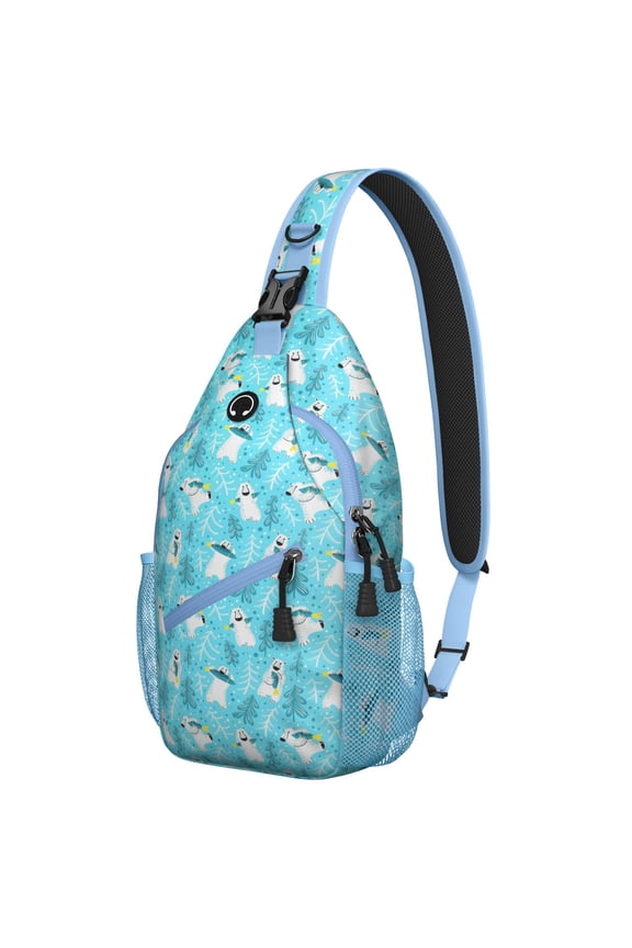 Artistic Bear Sling Backpack, Cute Polar Bear Cartoon Print Crossbody Bag, Forest Winter Wild Hunting Design for Travelers