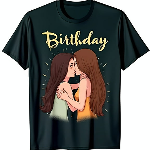 Artistic Birthday Celebration Black T-Shirt Playful Design of Friendship & Joy