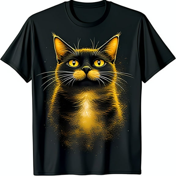 Artistic Black Cat Graphic Tee Shimmery Yellow Dot Design on Black T-Shirt