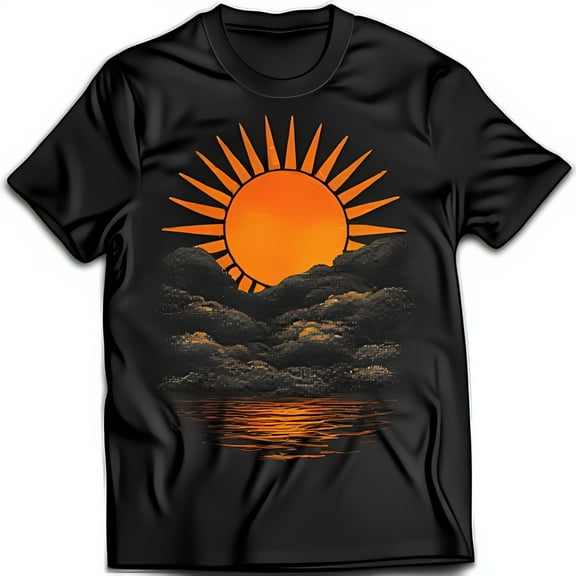 Artistic Black T-Shirt with Geometric Sunset Design and Bold Cloud Patterns