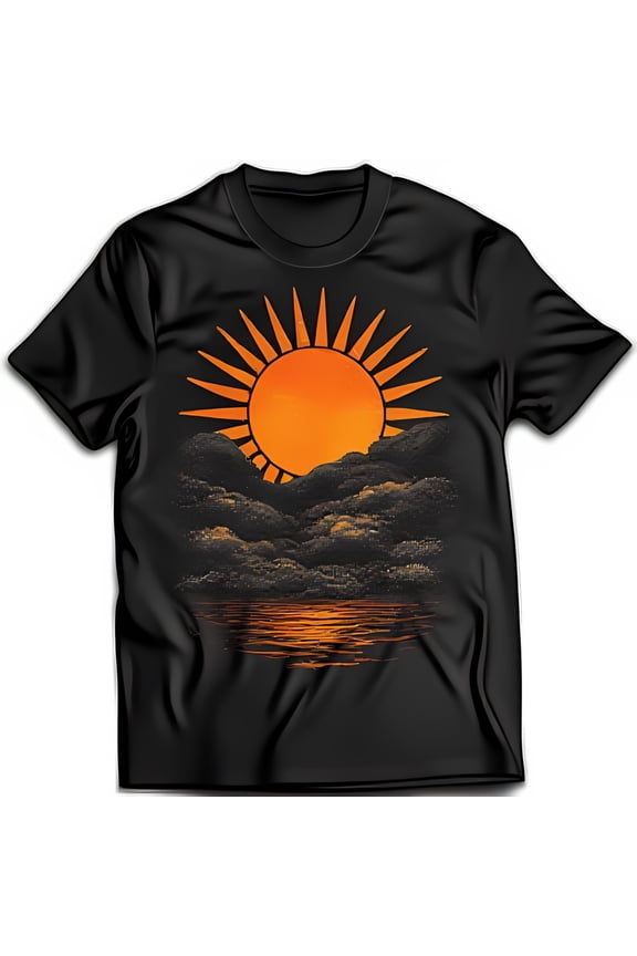 Artistic Black T-Shirt with Geometric Sunset Design and Bold Cloud Patterns