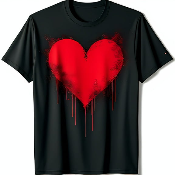 Artistic Black T-Shirt with Large Red Heart Graphic Dripping Design