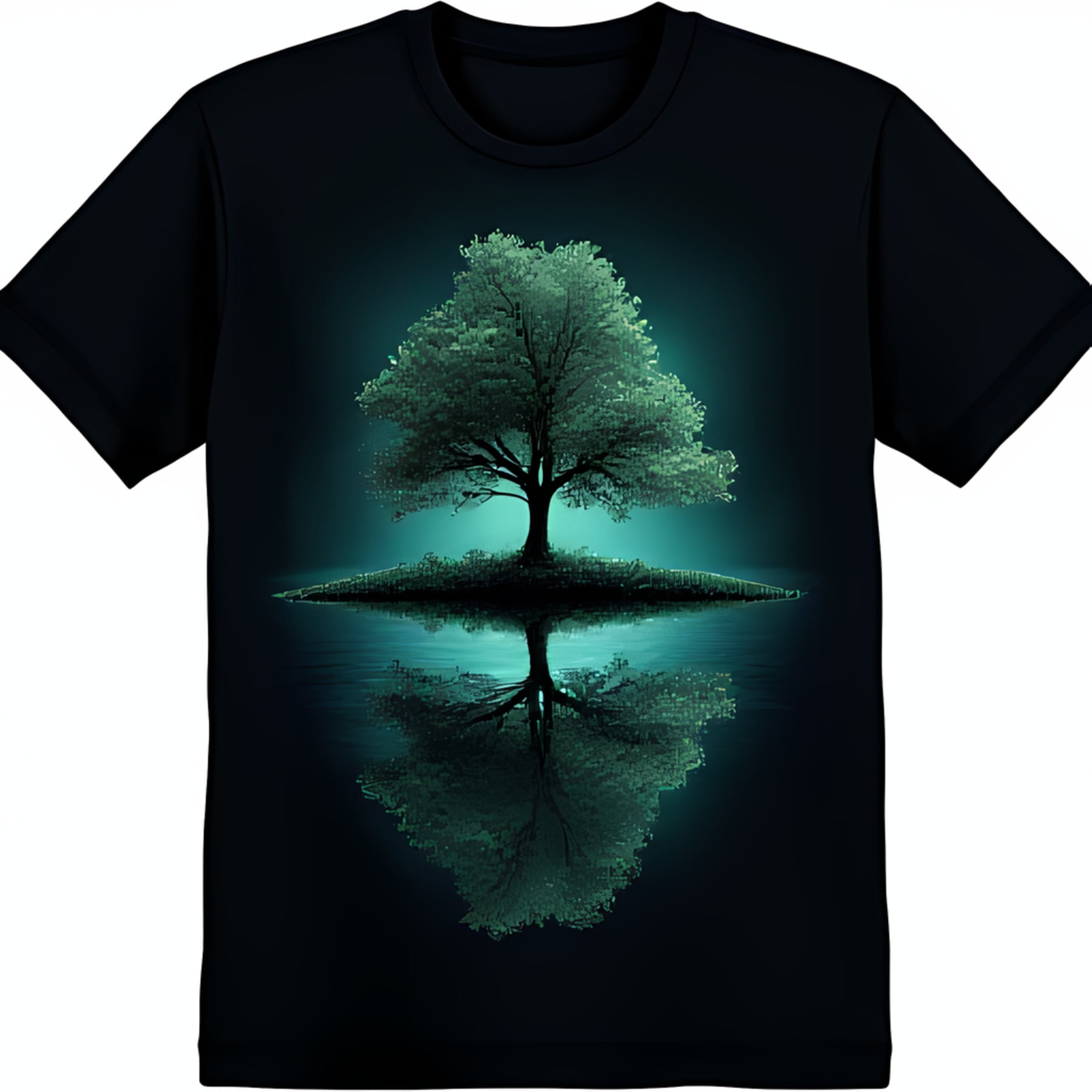 Artistic Black TShirt with Lone Tree and Water Reflection Design