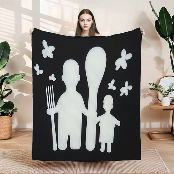 Artistic Black & White Flannel Blanket with Silhouette Figures & Whimsical Butterflies - Soft Cozy Durable for Sofa & Travel