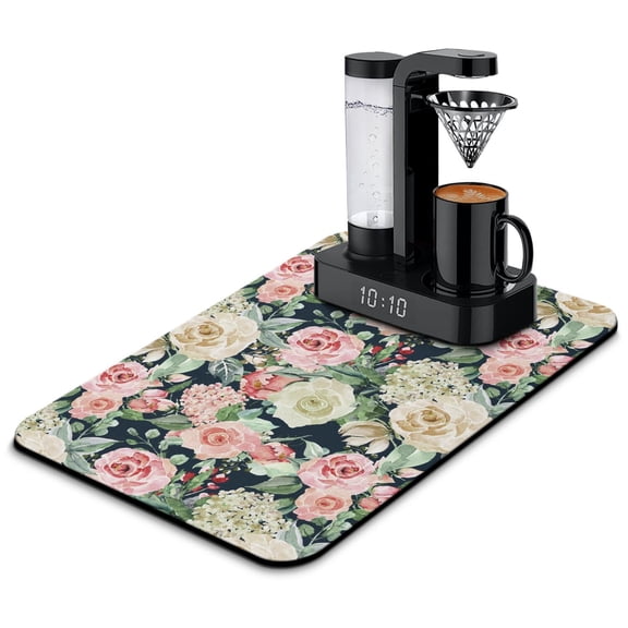 Artistic Bloom Coffee Bar Mat, Butterfly Botanical Floral Dish Drying Pad, Rustic Counter Mat for Kitchen Decor, 23.5x15.5in