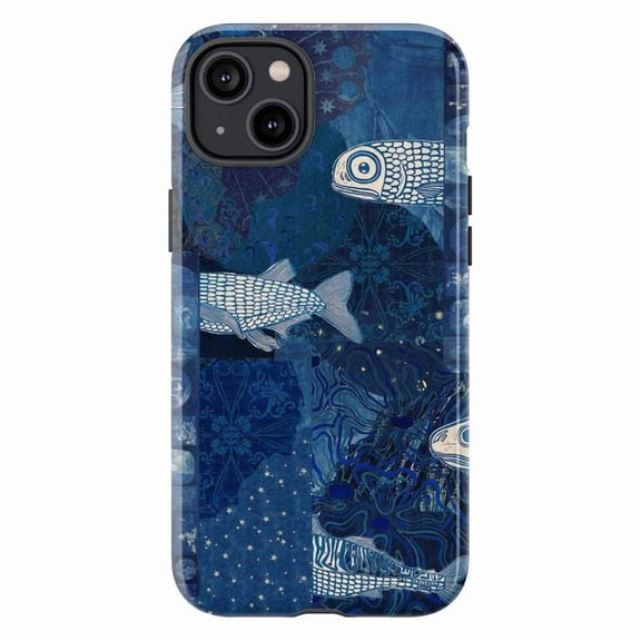 Artistic Blue Fish Collage Phone Case with Mixed Patterns and Oceanic Design, Protective Cover for iPhone 16 15 14 13 12 Pro Max Mini