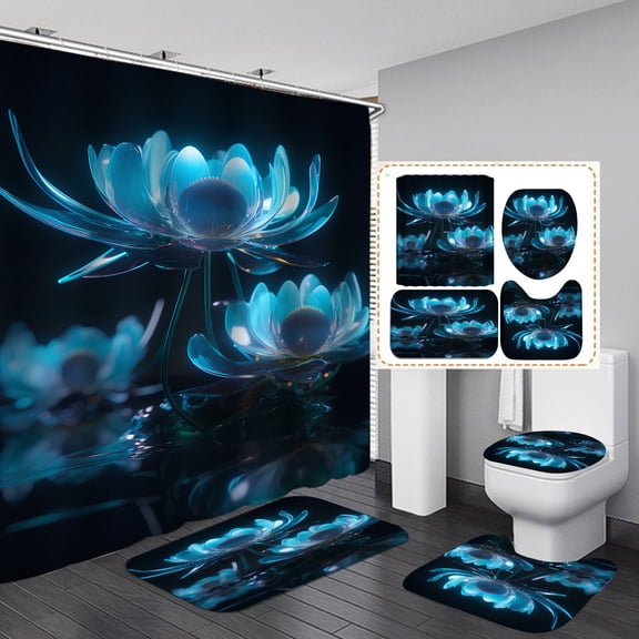 Artistic Blue Flower 4 Pcs Bathroom Shower Curtain Set,Blue Lotus Bathroom Sets with Rugs(Bath Mat,U Shape and Toilet Lid Cover Mat) and 12 Durable Hooks