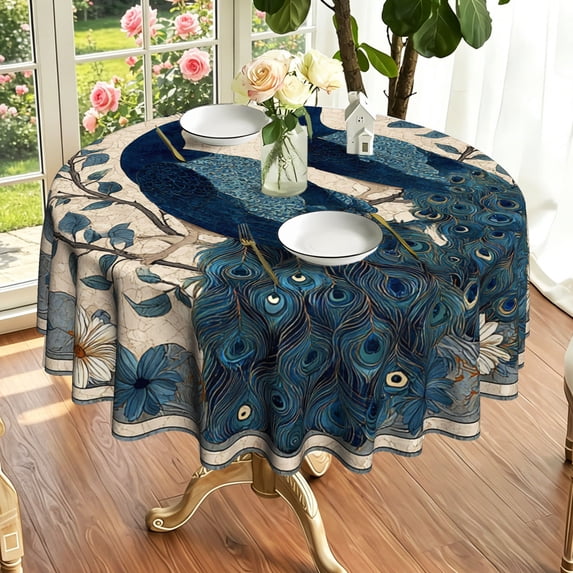 Artistic Blue Peacock Branch Flower Print Round Tablecloth, Home ...
