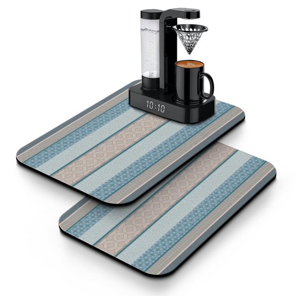 Artistic Bohemian Coffee Mat, 19.5x12 Set of 2in Absorbent Dish Drying Mat with Earthy Style Patterns, Leak-Proof Non-Slip Kitchen Counter Mat for Coffee Station Use