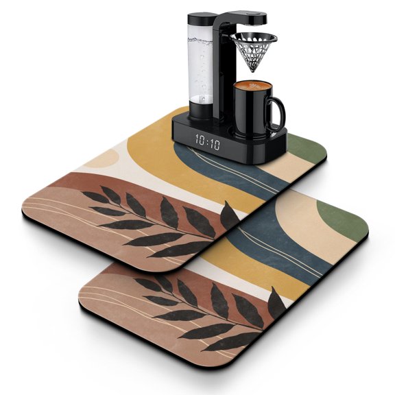 Artistic Boho Chic Dish Drying Mat, Absorbent Coffee Bar Mat with Vintage Tribal Style Patterns, Leak-Proof Non-Slip Kitchen Counter Mat