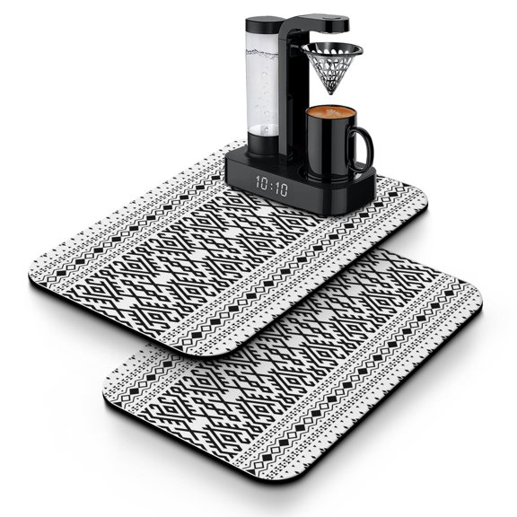 Artistic Boho Chic Dish Drying Mat, Absorbent Coffee Bar Mat with Vintage Tribal Style Patterns, Leak-Proof Non-Slip Kitchen Counter Mat