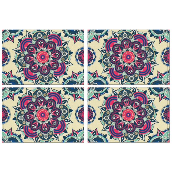 Artistic Boho Paisley Placemats Set of 4, Flax Durable Linen Heat Resistant Wrinkle Free Featuring Colorful Vintage Floral and Chic Mandala Patterns