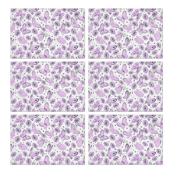 Artistic Butterfly Heat Resistant Flax Table Mats with Colorful Tropical Floral Pattern, Wrinkle Free Machine Washable Place Mats, Cute Aesthetic Design for Butterfly Lover, Set of 6
