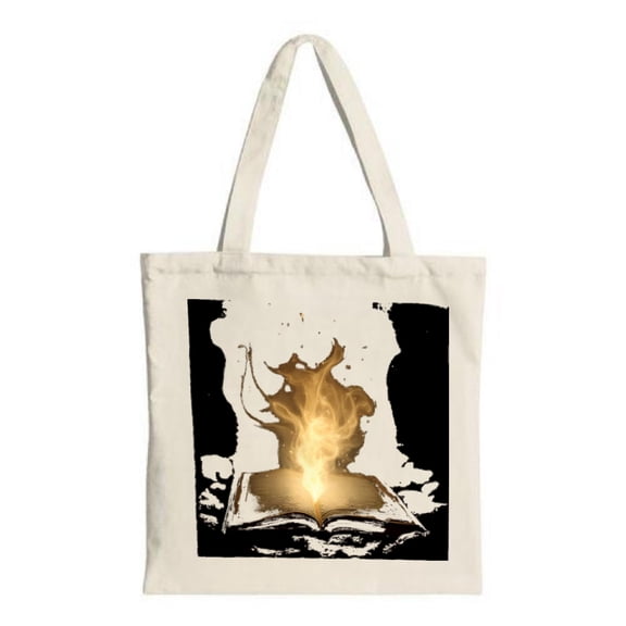 Artistic Canvas Tote Bag with Open Book & Golden Flame Design - Perfect for Shopping Travel and Parties - Multifunctional & Reusable