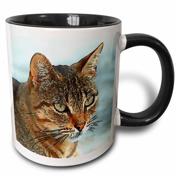 3drose, Artistic Cartoon Style Black Outline Tabby Cat, 15oz Two-tone Black Mug