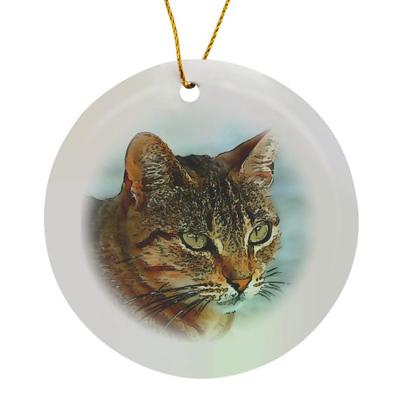 3drose, Artistic Cartoon Style Black Outline Tabby Cat, Circle Porcelain Ornament