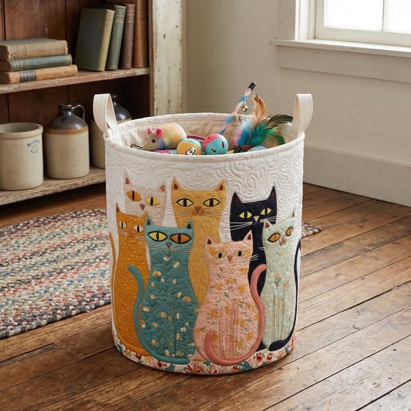 Artistic Cat Harmony Quilted Laundry Basket, Cozy Cat Room Accent Cute Home Storage Bin, Bedroom or Nursery Decor