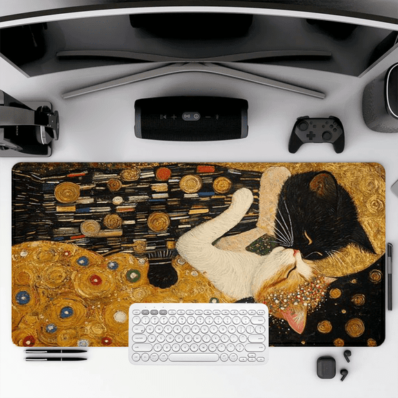 Artistic Cat Mouse Pad 35.4 x 15.8 Inches Rubber Desk Mat with Klimt Style Golden Pattern for Office and Home Use
