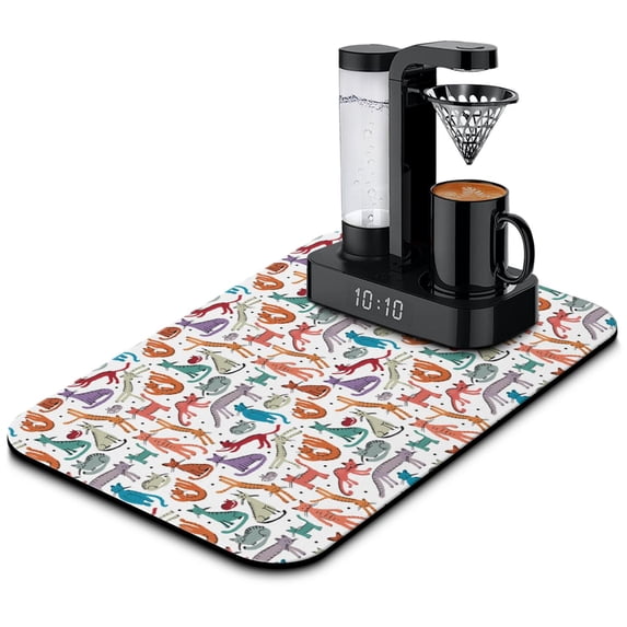 Artistic Cat Print Coffee Maker Mat - Cats and Flowers Print Absorbent Mat for Espresso Machines