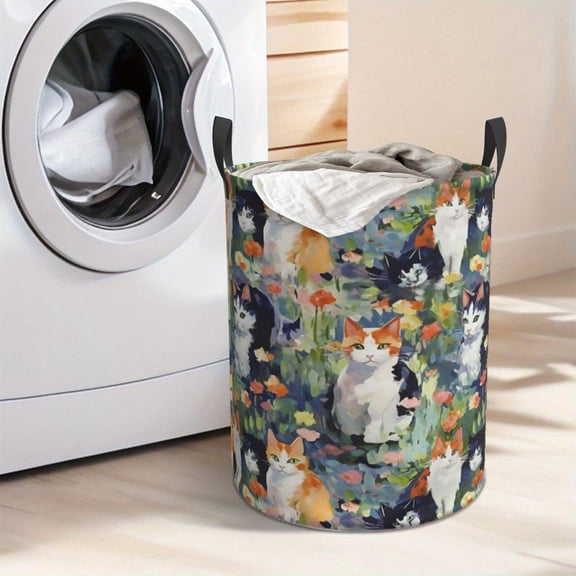 Artistic Cat Print Laundry Hamper Portable Storage Hamper with Sturdy Handle, Oxford Cloth, Easy to Store and Collapsible Design, Laundry Baskets