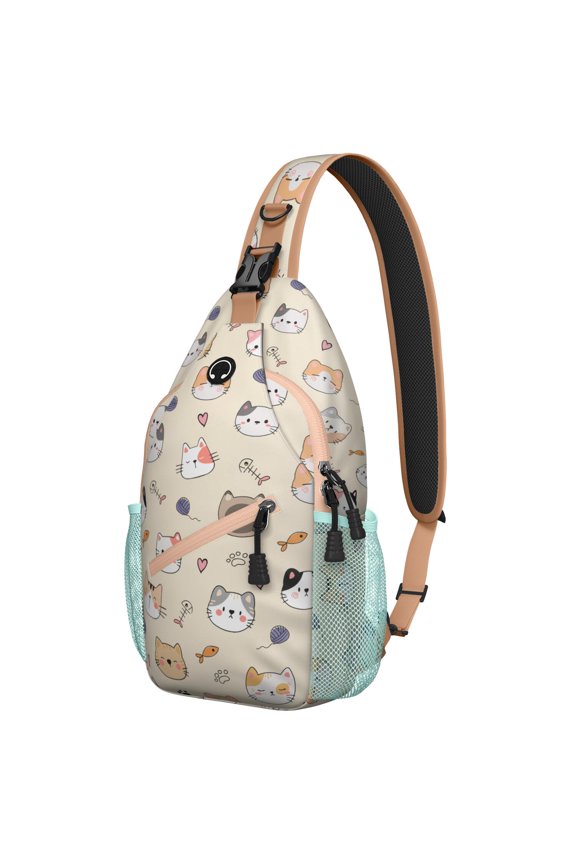 Artistic Cat Sling Backpack, Hand-drawn Cat and Moon Pattern Crossbody Bag for Cat Lovers, Watercolor Pet Design for Hiking