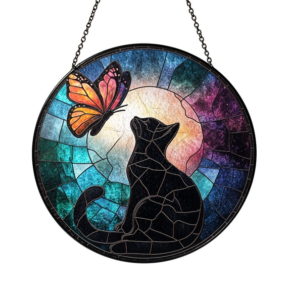 Artistic Cat Stained Glass Style Panel – Decorative Home Accent
