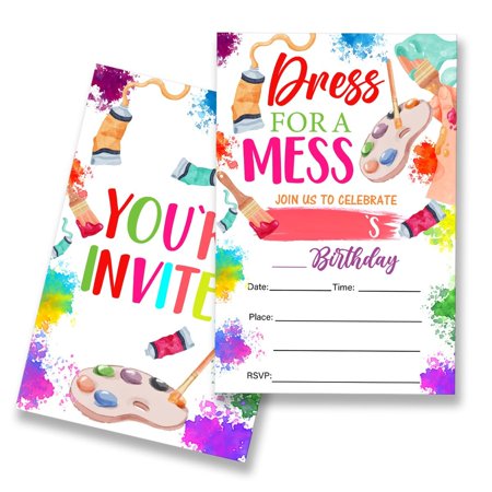 Artistic Celebration Invitations Set of 20 with Envelopes for Creative Birthday Parties, Double-Sided Fill-In Cards for a Colorful Painting Bash Experience