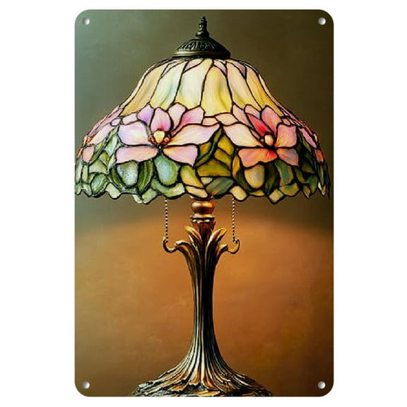 Artistic Charm) Vintage Floral Glass Table Lamp Metal Sign - 8x12 Inch, Elegant Wall Decor for Home, Bedroom, Cafe, Garage, Warm Beige Background with Stained Glass Design, Easy to Hang, Room Decor
