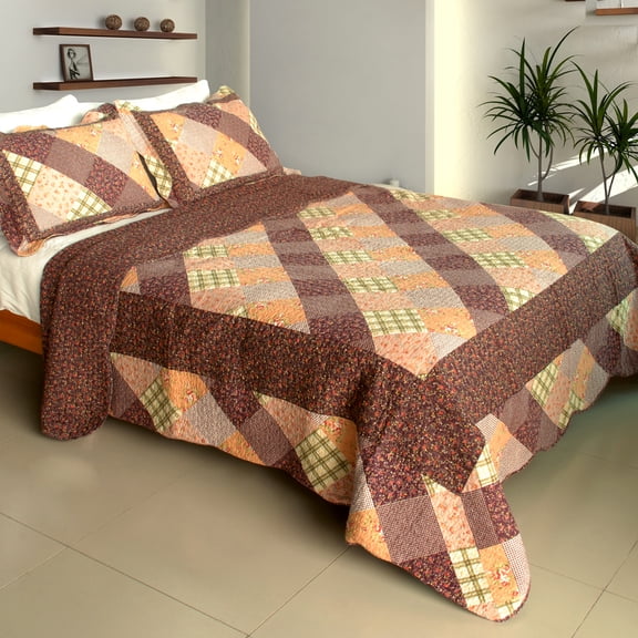 Artistic Chic100% Cotton 3PC Vermicelli-Quilted Patchwork Quilt Set Full/Queen