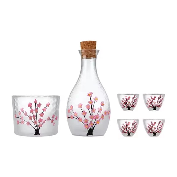 Artistic Clear Glass Sake Set with Japanese Flower Pattern Including 1 Sake Carafe Bottle 4 Cups With 1 Tanks Party