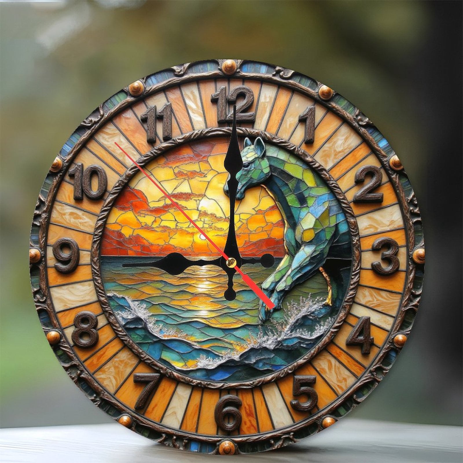 Artistic Clock with Stallion And Ocean Sunset Design 10-Inch Silent ...