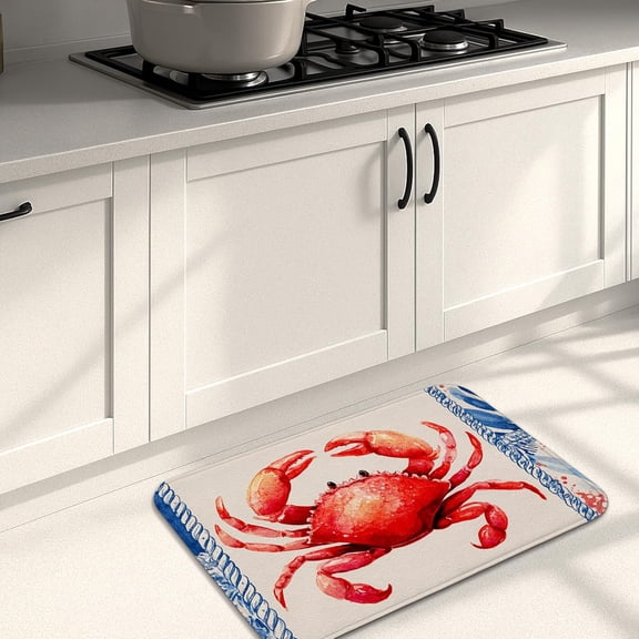 Artistic Coastal Crab Kitchen Mats for Floor, Red Crab Pattern Soft Mats, Cushioned Comfort Washable Non Slip Decor Rugs for Kitchen Sinks Laundryroom Bathroom 16x24 Inch