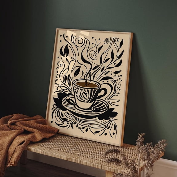 Artistic Coffee Cup Artwork Monochrome Kitchen Decor, Unframed Canvas 16x20in
