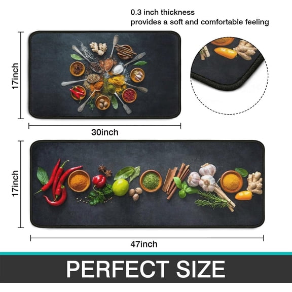 Artistic and Colorful Kitchen Rugs and Mats Set of 2, Spicy Art Non-Slip Backing Kitchen Rugs, Cooking Sets Low-Profile Washable Floor Mat for Home Kitchen Decor - 17x30 and 17x47 Inch