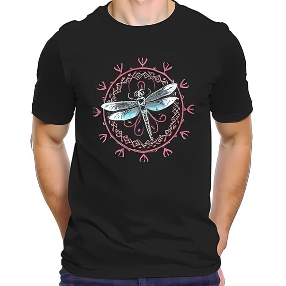 Artistic Cotton Short Sleeve T-Shirt with Blue and Grey Dragonfly Design in Ornate Pink Circle Mystical