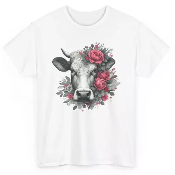 Artistic Cow With Flowers T-Shirt - Cow Graphic Tee Unisex S-5XL Hot Trending Shirt, Vintage Birthday Gift