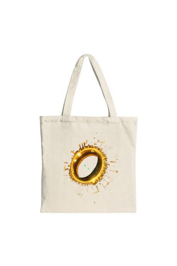 Artistic Cream Tote Bag with Golden Ring Design & Glowing Effect Perfect for Shopping Travel and Parties - Multifunctional Canvas Bag