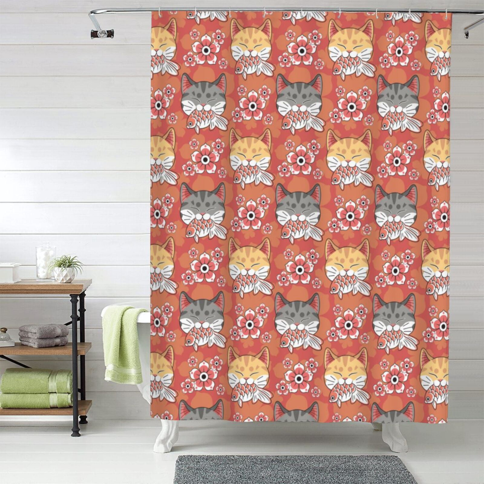 Artistic Cute Cat Fish Flower Shower Curtain Fabric Shower Curtains