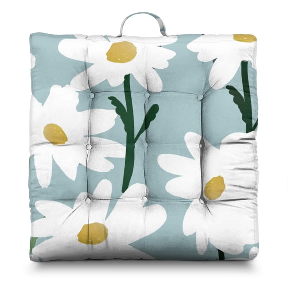 Artistic Daisy Floor Pillow 22x22 Inch Square Cushion, Boho Chic Daisy Print, Portable for Yoga & Balcony Lounging