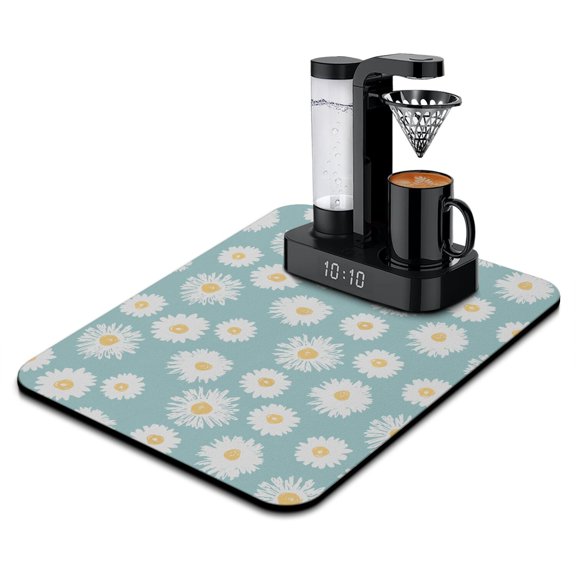Artistic Daisy Flower Kitchen Mat, Absorbent Coffee Bar Mat, Retro Floral Dish Drying Pad for Kitchen Counter, Yellow Spring Bloom Decor