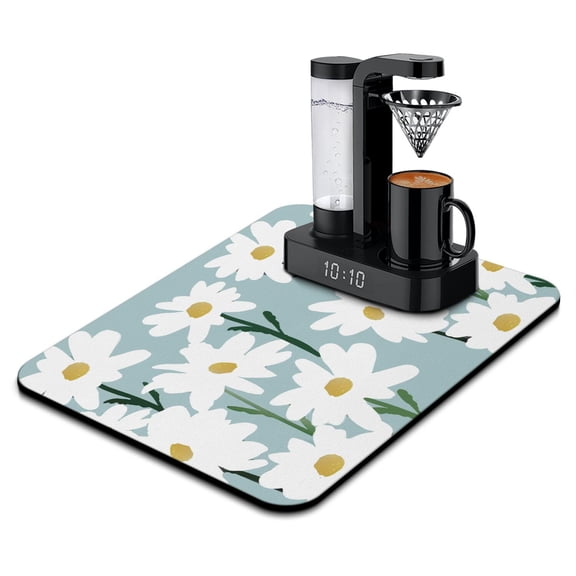 Artistic Daisy Flower Kitchen Mat, Absorbent Coffee Bar Mat, Retro Floral Dish Drying Pad for Kitchen Counter, Yellow Spring Bloom Decor