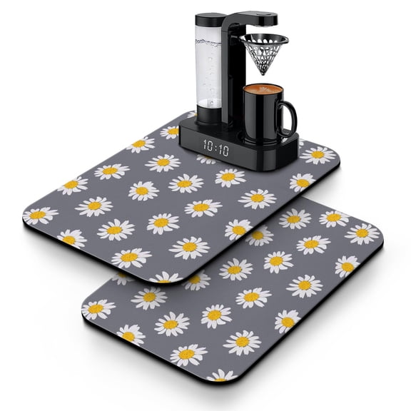 Artistic Daisy Flower Kitchen Mat, Absorbent Coffee Bar Mat, Retro Floral Dish Drying Pad for Kitchen Counter, Yellow Spring Bloom Decor