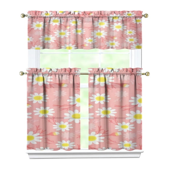 Artistic Daisy Print Kitchen Curtains - 3 PC Set with Valance, Cute Floral Rod Pocket Tiers for Farmhouse or Minimalist Window Decor