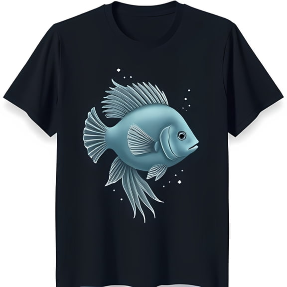 Artistic Dark Blue T-Shirt with Unique Fish Design Eye Catching Graphic Tee