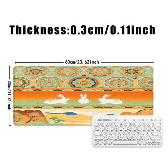Artistic Desert Rabbit Mouse Pad 31.5 x 11.82 Inches Rubber Desk Mat with Boho Floral Design for Office and Home Use