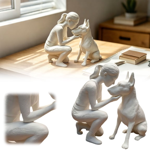 Artistic Desktop Decoration, 3D Printed Woman And Dog Decor Sculpture For Home, Dog Figurine, Puppy Statue.