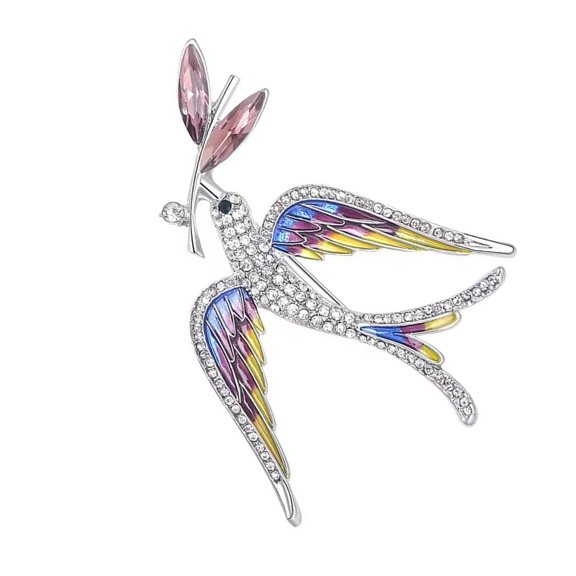 Artistic Enamel Swallow Brooch with Crystal Accents and Intricate Branch Design