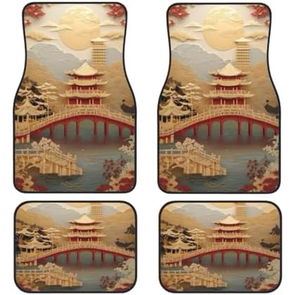 Artistic Fabric Car Floor Mats-Asian Palace,Non-Slip Rubber Backing,Front (26.8x17.3in) & Rear (13x17.3in) Set - Water Absorbing, Durable Automotive Floor Liners with Stylish Patterns