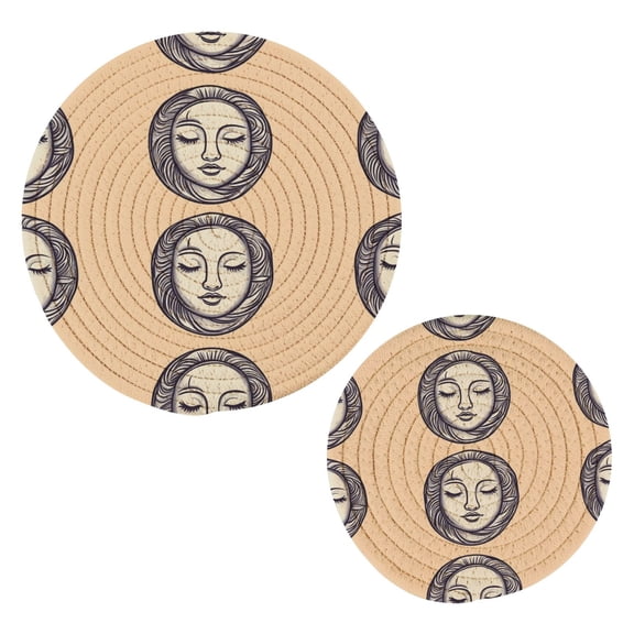 Artistic Facial Patterns Cotton Braided Potholders, 2 Pack Heat-Resistant Pads 7.09'' and 9.45''
